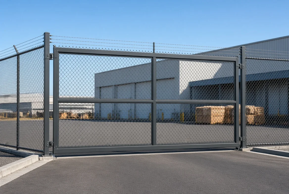 Commercial chain-link security gate system at an industrial facility