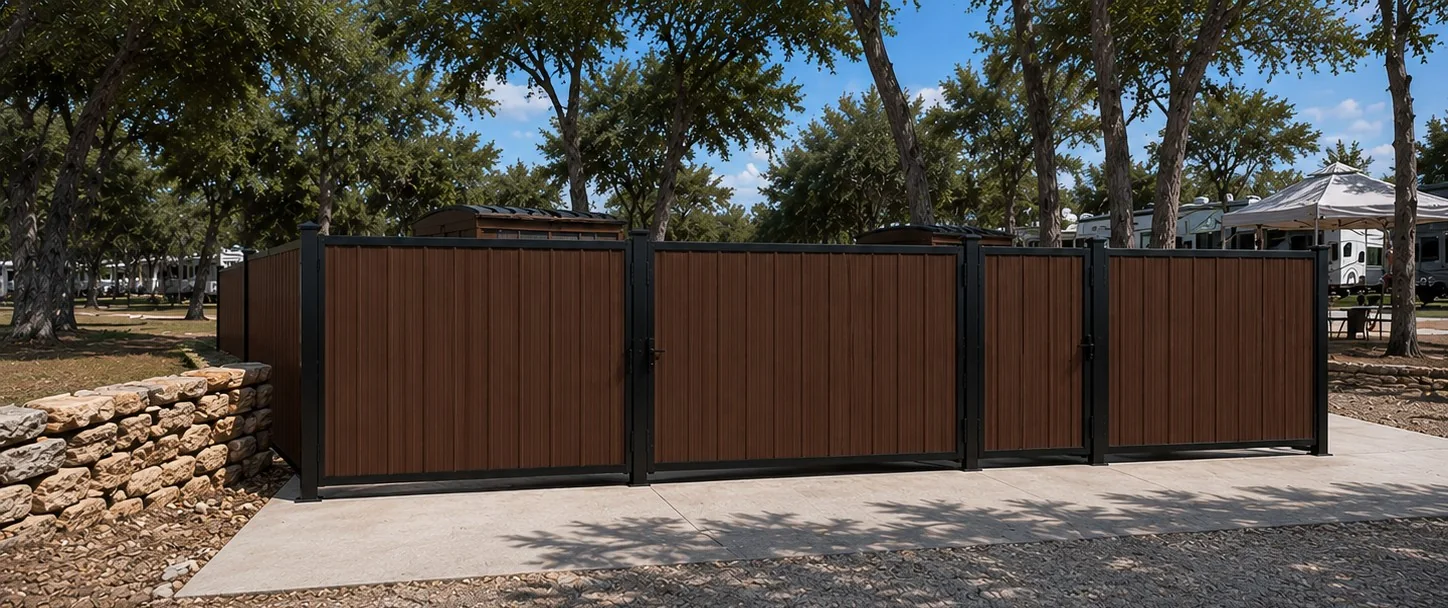 Commercial trash enclosure with black steel framing and wood-look privacy panels
