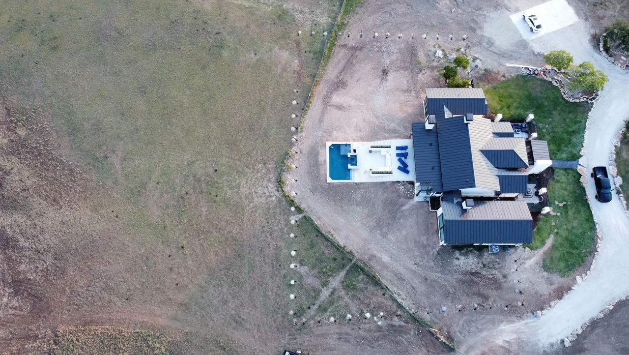 Aerial view of fence post layout during installation